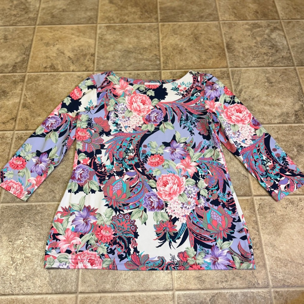 Charter Club Womens Small Floral Paisley Boat Neck Top 3/4 Sleeve